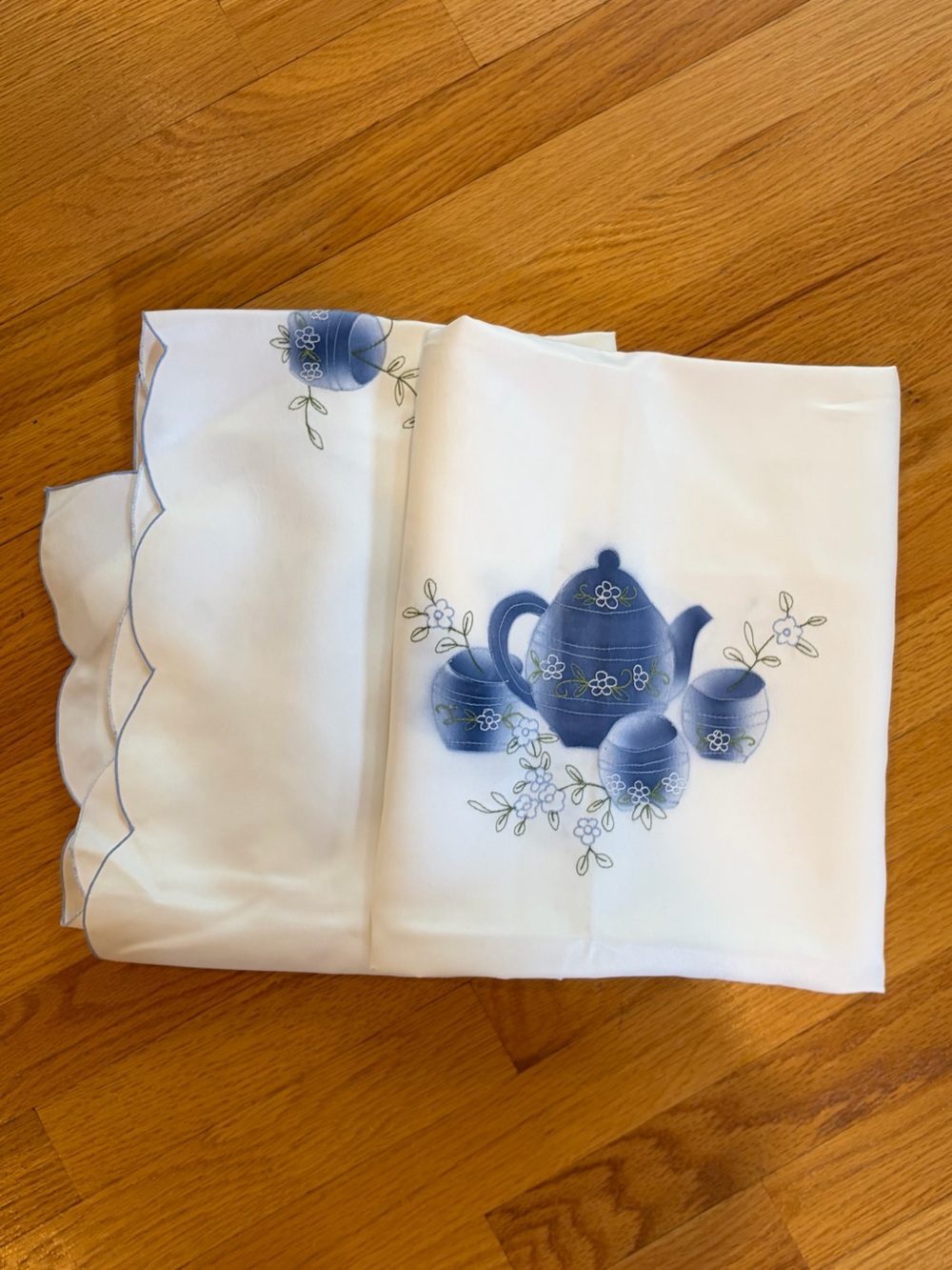 Classic Blue Floral Embroidered Tablecloth - approx. 51" by 68"